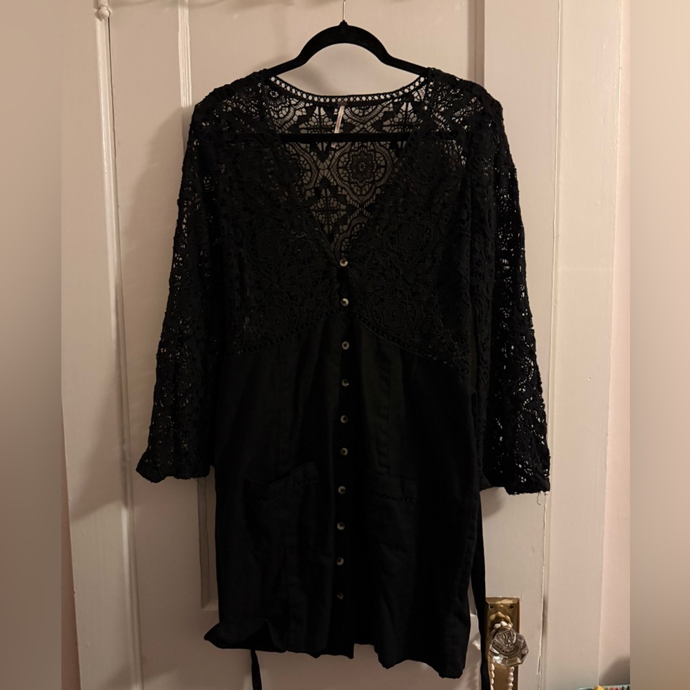 Free People Black Lace Button-Up Dress